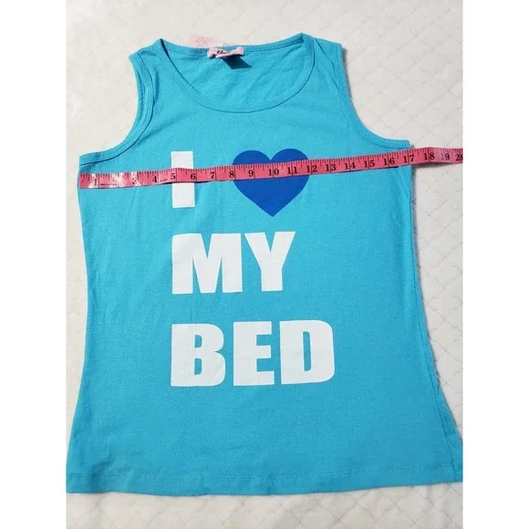 Blush Novelty Tank Top Women's Medium Teal Blue I Heart‎ My Bed Graphic Print - Picture 7 of 8